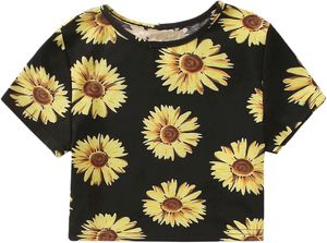 Camiseta de Algodón de Manga Corta para Mujer, Estilo Casual, Transpirable, con Estampado de Girasoles, Corte Ajustado, Retro, para Verano - Product Image 4