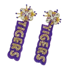 GEAUX TIGER Boucles d'oreilles brodées de perles faites à la main inspirées de l'État de la Louisiane en Inde pour les mariages et les fêtes - Product Image 3
