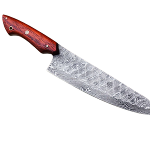 Couteau de chef à motif Damas argenté avec manche en bois brun rougeâtre, lame large et tranchante, couteau de cuisine pour la viande et les légumes - Product Image 6