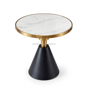 Mesa Auxiliar Moderna de Mármol Blanco con Borde Dorado Cepillado y Base de Pedestal Cónico de Metal Negro Mate, Muebles al por Mayor - Product Image 6