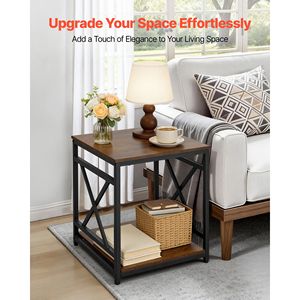 Tavolino Quadrato a 2 Livelli con Ripiani Aperti, Comodino Moderno, Scrivania da Comodino con Struttura in Metallo a X e Piano in Legno - Product Image 2