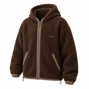 Custom <b>Mens</b> Chocolate Brown <b>Sherpa</b> <b>Fleece</b> Full Zip Hoodie Warm Winter Jacket OEM Clothing Manufacturer - Product Image 4