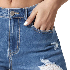 Women's Skinny Straight <b>Denim</b> Shorts <b>Stretch</b> Distressed Rolled Hem Casual Summer Woven OEM ODM Custom Manufacturer - Product Image 3