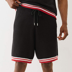 Men's Knitted Bermuda Shorts <b>Black</b> Red White Stripe Drawstring Waist Casual Solid Color Breathable Mesh Fabric - Product Image 5