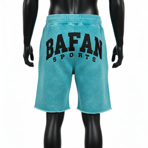 Shorts en molleton de coton premium 340 GSM, délavés à l'acide, couleur turquoise, avec empiècements brodés et logo imprimé, pour homme - Product Image 2