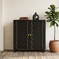 Meuble buffet d'entrée vintage français noir à 2 portes avec ligne ondulée dorée en bois massif, meuble de rangement