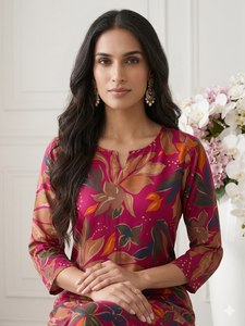 Ensemble coordonné en rayonne et coton avec Kurti et Palazzo imprimés à la feuille d'or pour femme - Product Image 2