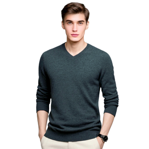 Pull en laine/acrylique gris pour homme, col en V, manches régulières, tricoté, uni, pour l'hiver, anti-boulochage et respirant - Product Image 3