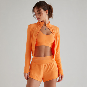 <b>Yoga</b> Wear Crop <b>Jacket</b> Shorts Set Women 100% Polyester Long Sleeve Zipper <b>Jackets</b> Elastic Waist Shorts Two Piece Set Women's - Product Image 5