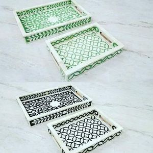 New Arrival Handcrafted Geometric Pattern Bone Inlay Light <b>Grey</b> White Household Serving Breakfast Multipurpose Tray Wholesale - Product Image 5