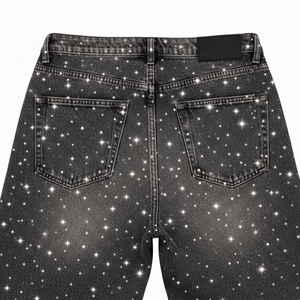 Short en jean Y2K personnalisé pour homme, style streetwear estival, délavé à l'acide, orné de strass en cristal, respirant - Product Image 5