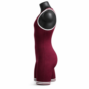 Combinaison de lutte ajustée pour homme, bordeaux avec bordure blanche, une pièce, en spandex et polyester extensible, vêtement d'arts martiaux pour adulte - Product Image 4