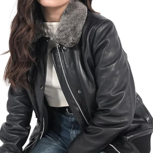 Chaqueta Bomber de Cuero Genuino para Mujer con Ribete de Piel, Abrigo de Invierno Cortavientos, Manga Larga, Color Sólido, Material Grueso - Product Image 5