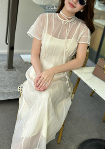 Coshe ชุดเดรส nadi เดรสแม็กซี่ลายทางน้ำหนักเบามีเชือกผูกเอวด้านในเสื้อผ้าลำลองหรูหราสำหรับผู้หญิงใส่ในฤดูร้อน - Product Image 3