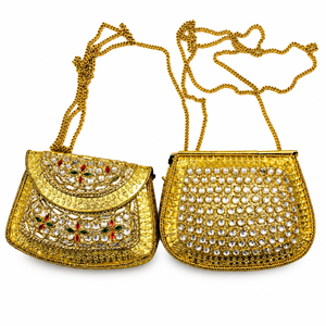 Elegant Classic <b>Gold</b> Tone Metal Frame Clutch <b>Bag</b> with Pearl and Chain Detailing for Wedding Party <b>Evening</b> Fashion - Product Image 1