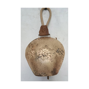 Vintage Handcrafted Rustic <b>Cow</b> <b>Bell</b> With Leather Strap Antique Gold Embossed Floral Harmony <b>Bells</b> For Christmas Tree Ornament - Product Image 1