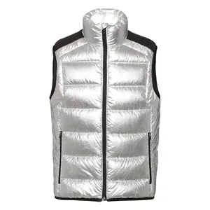 Men's <b>Silver</b> Sleeveless Puffer Vest Stand Collar Zipper Closure Windproof Polyester Winter Casual <b>Jacket</b> - Product Image 4