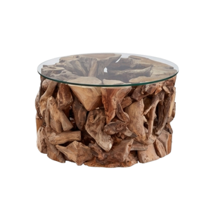 โต๊ะกาแฟไม้สักหรูหรา ARTERRA พร้อมท็อปกระจกทรงกลมสำหรับห้องนั่งเล่น - Product Image 1