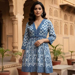 Vestido Midi Azul con Estampado Digital Ikat, Cuello en V, Túnica Corta de Algodón para Verano, Estilo Étnico Bohemio Indio, Cintura Natural, Lavable - Product Image 1