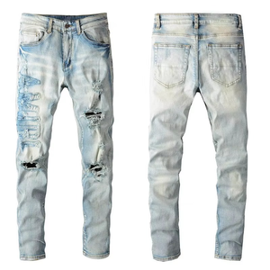 Wholesalers High Street <b>Jeans</b> For Men AM Brand Hip Hop Style <b>Jeans</b> Men's Vintage Washed Pants Letter Trendy <b>Elastic</b> Denim <b>Jeans</b> - Product Image 3