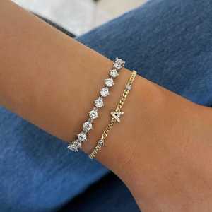 Diamond <b>Initial</b> <b>Bracelet</b> Luxury Dainty Minimalist Custom Letter Cuban Chain Charms 14K 18K Solid Gold Adjustable 7 inch Length - Product Image 4