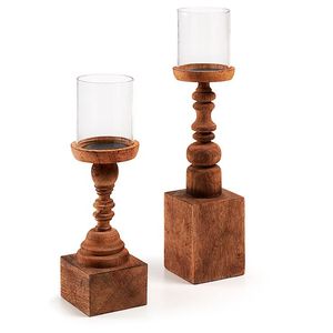 Ensemble de porte-bougies en verre et bois artisanal avec base carrée, décoration de table rustique de style farmhouse - Product Image 1