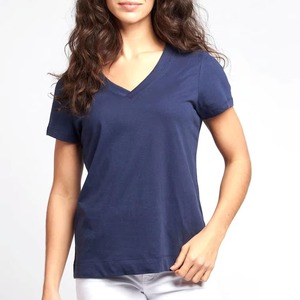 T-shirt décontracté pour femme 2026 de qualité supérieure, col en V, manches courtes, couleur personnalisée, 100 % coton jersey, teint uni, respirant - Product Image 1