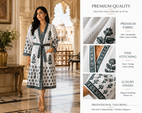 Peignoir Kimono en Coton Imprimé à la Main de Jaipur, Robe de Chambre Longue pour Femme, Peignoir de Demoiselle d'Honneur, Vêtement de Détente et de Nuit