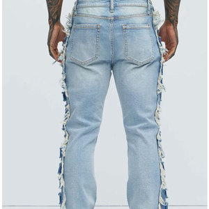 Custom Men's Denim <b>Trousers</b> Hip Hop Cotton Regular Fit Straight Leg Screen Printed <b>Light</b> Wash Knitted Vintage Pants - Product Image 3
