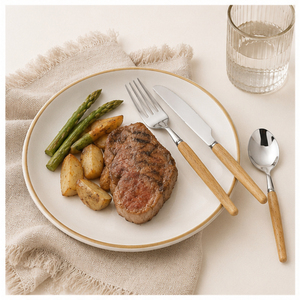 Ensemble de couverts modernes en acier inoxydable avec manches en bois naturel, finition polie miroir, pour la restauration - Product Image 2