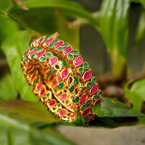 24K Gold Plated Copper Bangles with <b>Ruby</b> and Green American Diamonds Bezel Set Trendy Engagement <b>Bracelets</b> - Product Image 3