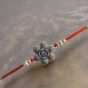 High Quality Geometric Classic Oxidised Silver Rakhi with <b>Engraved</b> Flower-Traditional Silver Design - Product Image 3