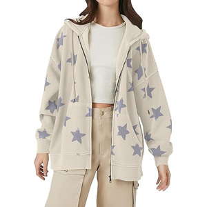Women Star <b>Graphic</b> <b>Zip</b> <b>Up</b> <b>Hoodies</b> Y2k Drawstring Star Print Sweatshirt Oversized Jackets with Slant Front Pocket - Product Image 1