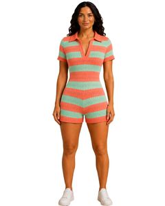 Mono de punto a rayas coral y menta para mujer, manga corta, cuello polo, informal de verano, de una pieza, ajustado, a la moda - Product Image 1