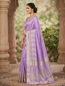 <b>Purple</b> BANARASI KATAN Silk <b>Saree</b> With Gold Paisley Border Traditional Indian Wedding Wear For Women Floor-Length Regular Fit - Product Image 2