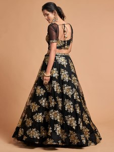 Ensemble Lehenga simple en tulle noir brodé Zari, longueur ras du sol, robe de mariée florale, tenue de réception, dupatta transparent, tenue de soirée - Product Image 2