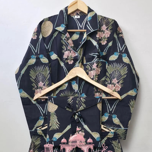 Women's Premium Cotton Hand Block Printed Summer Night Suit Set Elegant Long Sleeve Button-<b>Down</b> Shirt Full-Length Lounge <b>Pants</b> - Product Image 1