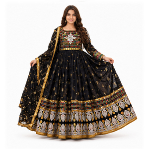 Lehenga Choli de Seda Beige con Dupatta Roja Bordada, Vestido Afgano para Boda, Largo hasta el Suelo, Corte Holgado, Vestidos Kuchi Afganos para Mujer - Product Image 5