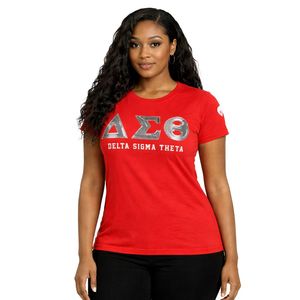 Maglietta con Paillettes Rosse Delta Sigma Theta per Donne, Vestibilità Comoda, Tessuto Premium, Abbigliamento Casual per Confraternite Greche - Product Image 1