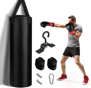 Saco de boxe profissional personalizado de alta qualidade para academia, saco de boxe pré-cheio de 64 libras e 12 onças, conjunto de luvas de boxe de 95"