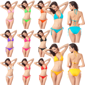 Ensemble de bikini uni pour femme avec bas de maillot à nouer sur le côté, maillot de bain extensible, coupe classique, en Spandex et Polyester, tenue de plage - Product Image 1