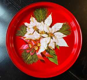 Red Round metal <b>Decorative</b> <b>Plates</b> with Poinsettia and Candle Design for Holiday Party Dishes - Product Image 2