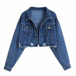 Women Cropped <b>Denim</b> Jacket Distressed Blue Jean <b>Coat</b> Casual Streetwear Outerwear - Product Image 1