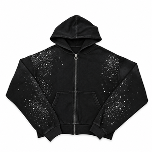 Sweat-shirts à capuche pour hommes en molleton français épais 420 g/m², délavés à l'acide, avec double fermeture éclair, effet vieilli personnalisé, strass, nouveau style - Product Image 1