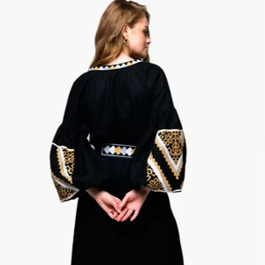 Vestido Maxi de Algodón Bordado Estilo Boho para Mujer, Diseño Geométrico Negro, Cuello en V, Manga con Borlas, Cintura Ajustable con Lazo, Vestido Étnico - Product Image 2