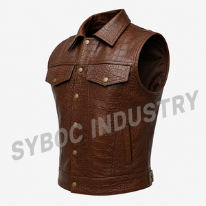 Chaleco de Cuero Marrón con Grabado de Cocodrilo para Hombre, Chaqueta sin Mangas Estilo Trucker con Botones a Presión, Textura Western para Montar a Caballo - Product Image 4