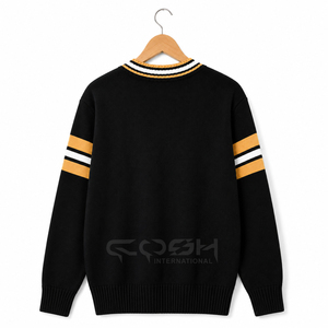Cardigan en tricot noir, jaune et blanc pour femme Cosh International, col en V, manches longues, rayures contrastées, style preppy - Product Image 4