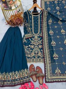 Salwar Kameez en soie bleu marine pour femmes avec broderie dorée, tenue de mariage traditionnelle, longueur au sol, coupe régulière, Inde, Pakistan - Product Image 6