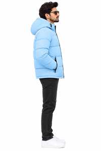 Chaqueta Acolchada Impermeable y Cortavientos para Hombre, con Capucha y Cuello Alto, Color Azul Claro, con Cierre y Forro Grueso de Algodón para Invierno - Product Image 5