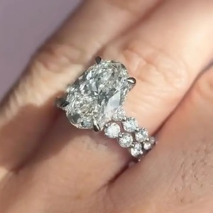 925 Moissanite 6.0CT Oval Cut Engagement <b>Ring</b> in Sterling Silver with Classic Round Cut Half Eternity <b>Thin</b> Wedding Band for Sale - Product Image 2